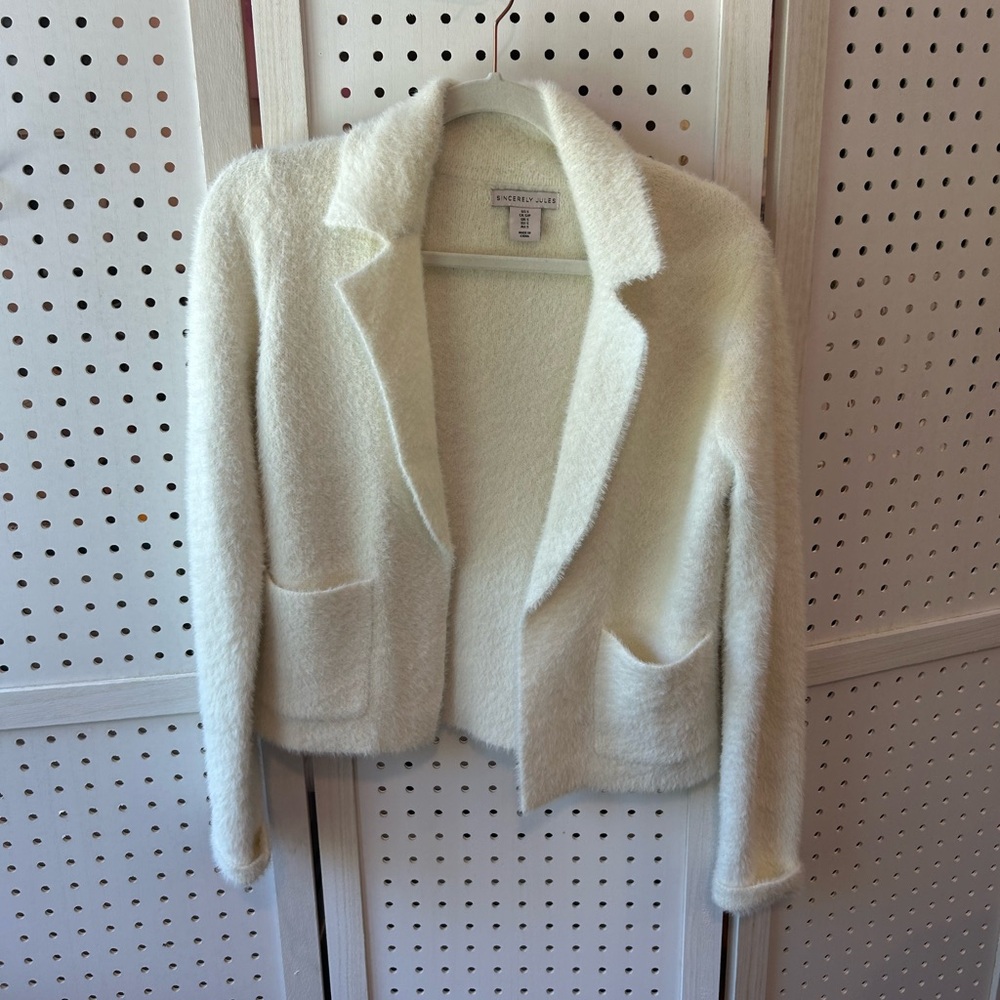 Sincerely Jules Fuzzy Knit Blazer Jacket – Cream White Cozy Chic